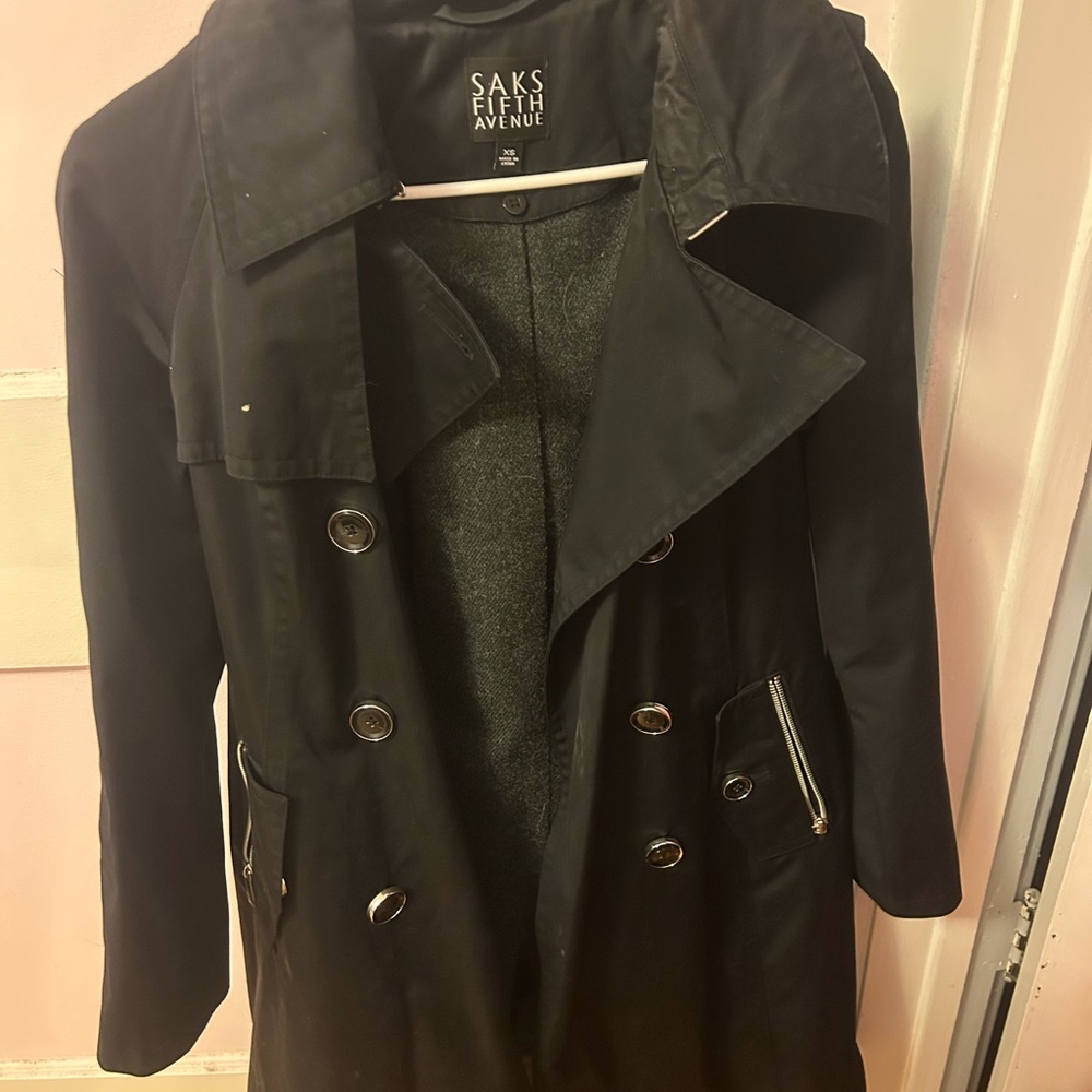 Saks Fifth Avenue Black Trench Coat with Wide Lapel